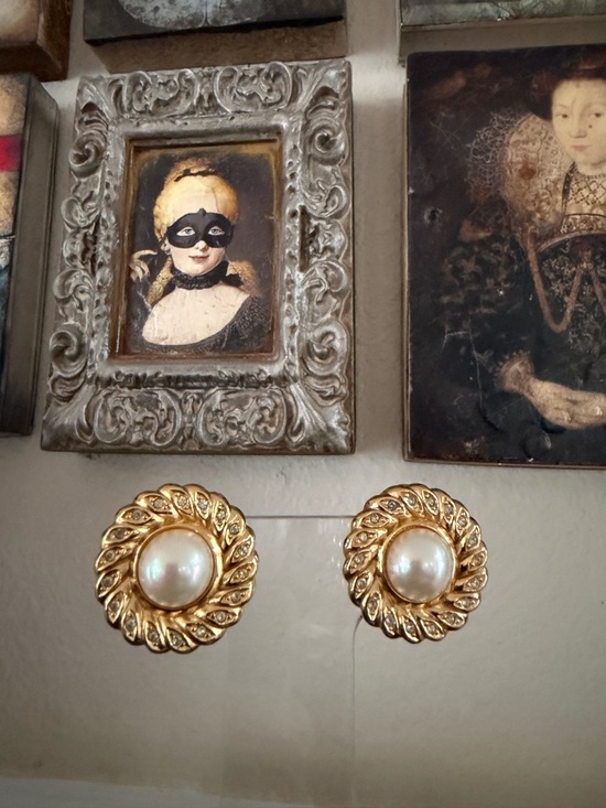Vintage Christian Dior Clip-On Earrings Gold Tone Faux Pearl Rhinestone